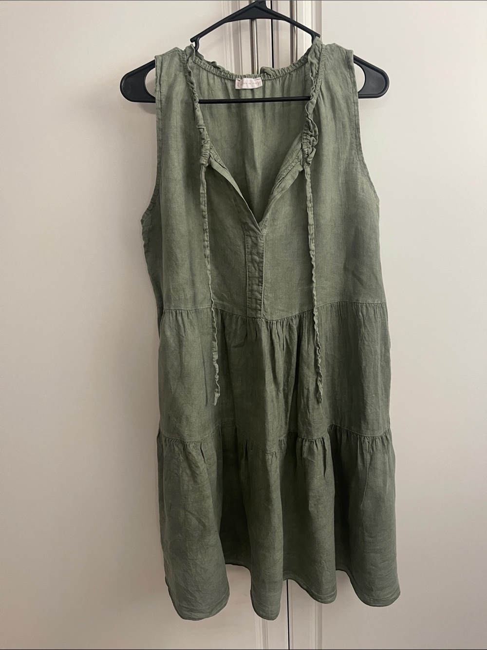 Sleeveless Olive Green Tiered Linen Dress. No size -guessing med to lg